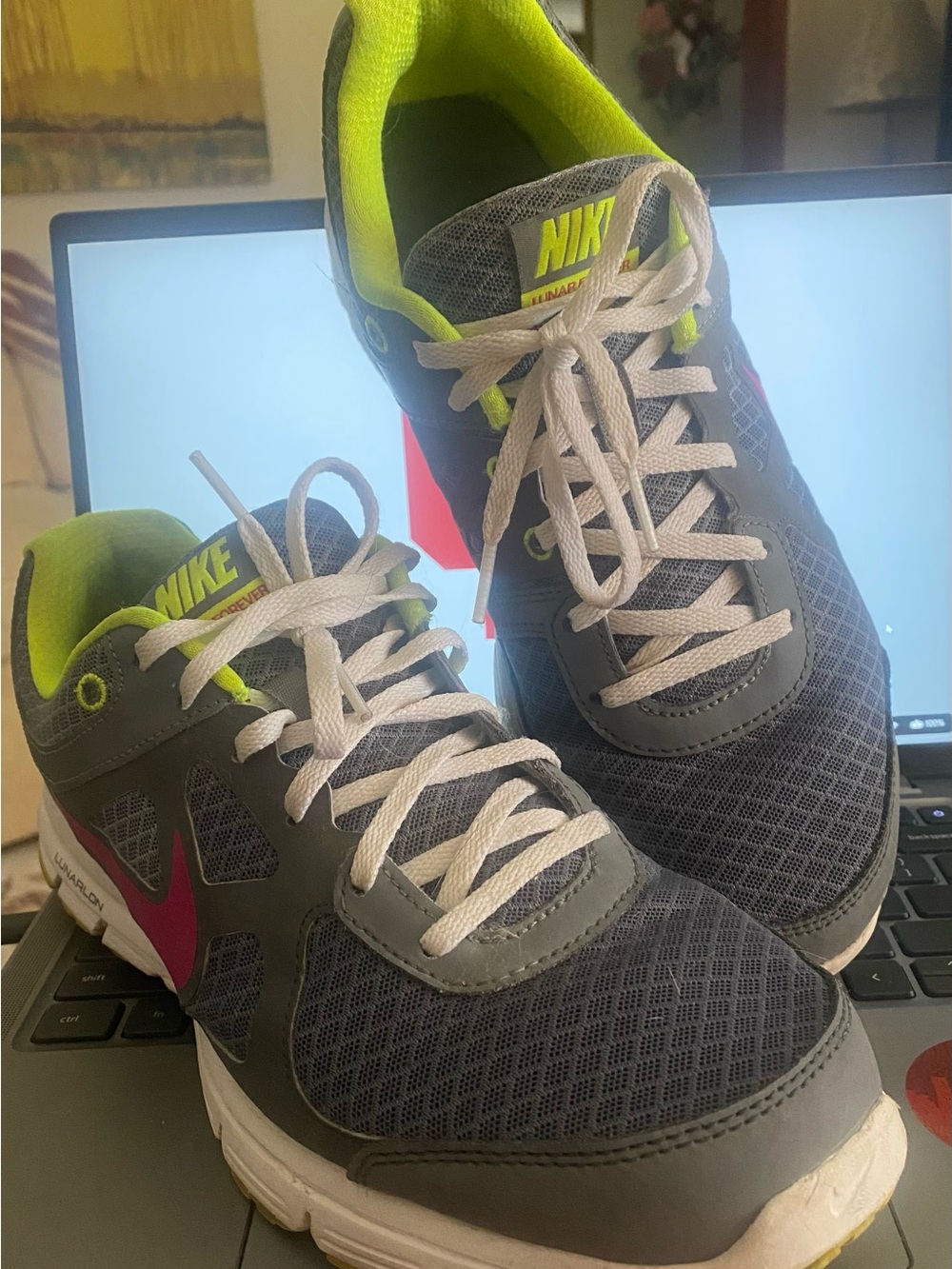 Nike Women’s Gray with Pink and Neon Green Athletic Running Shoes
